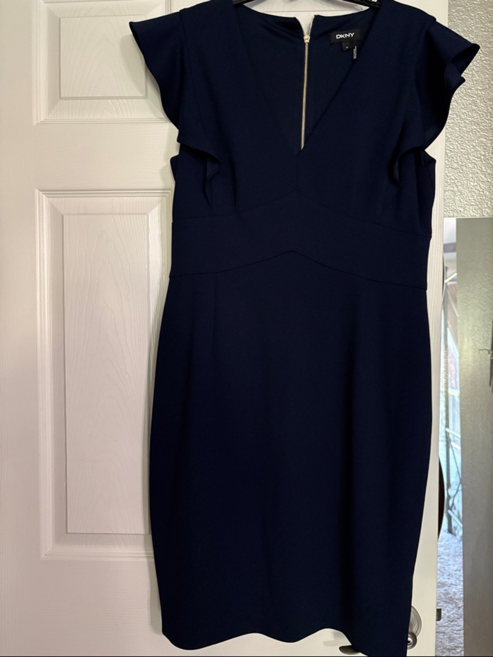 DKNY Navy V-Neck Sheath Dress with Flutter Sleeves - 12